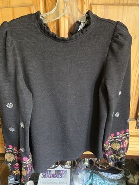 THML Black Knit Crewneck Sweater with Colorful Embroidered Sleeves